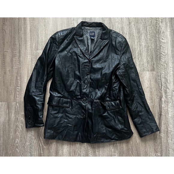 GAP Leather Blazer Womens Sz L Black Jacket Vintage 90's Y2K - Picture 1 of 10